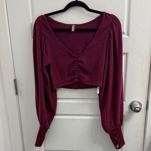 Free People Movement Long Sleeve Crop Top Size Small Bubble Sleeve Burgundy